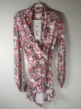 Rococo Sand Floral Wrap Mini Dress — Off White & Pink — XS — NWT